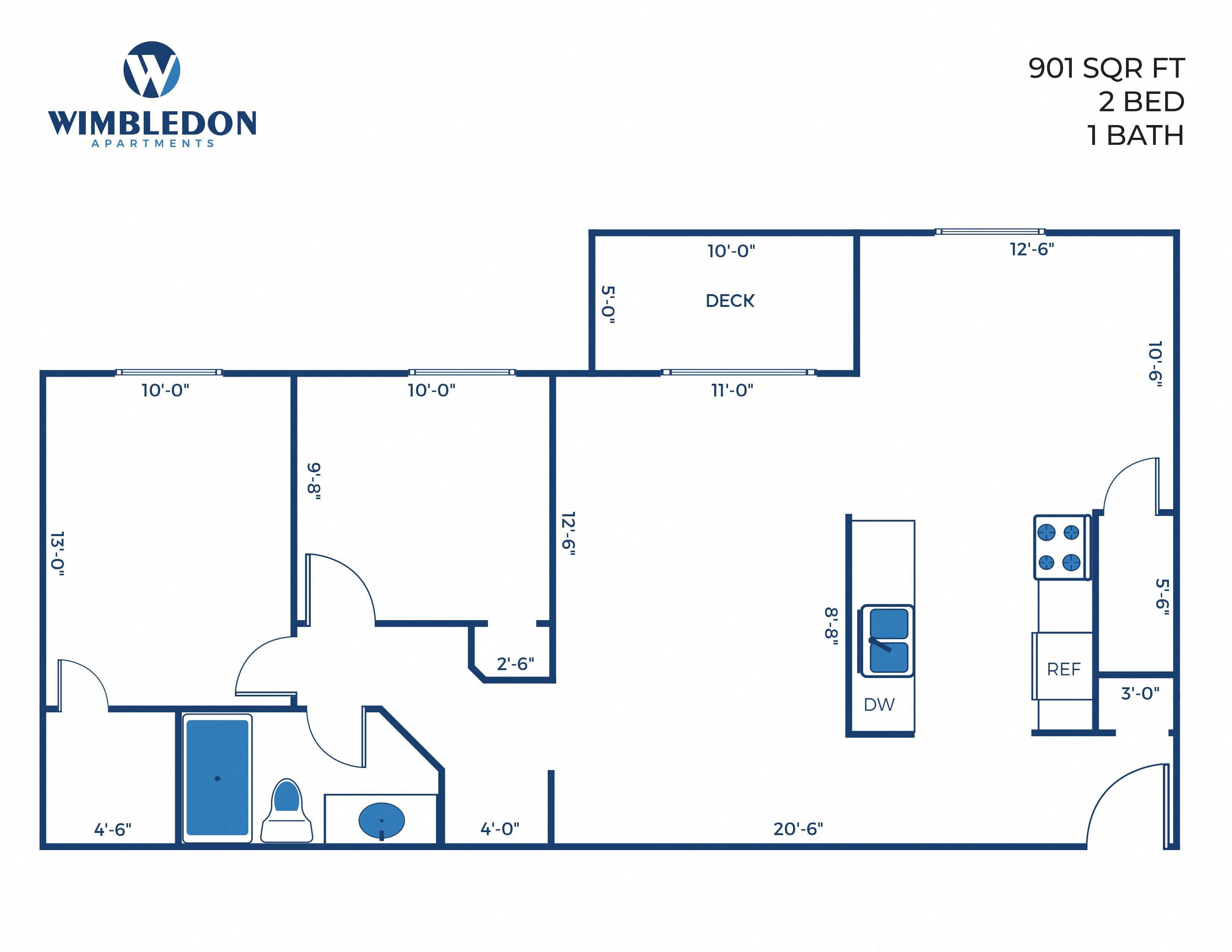 Floor plan for 2 beds, 1 bath, 901 sqft